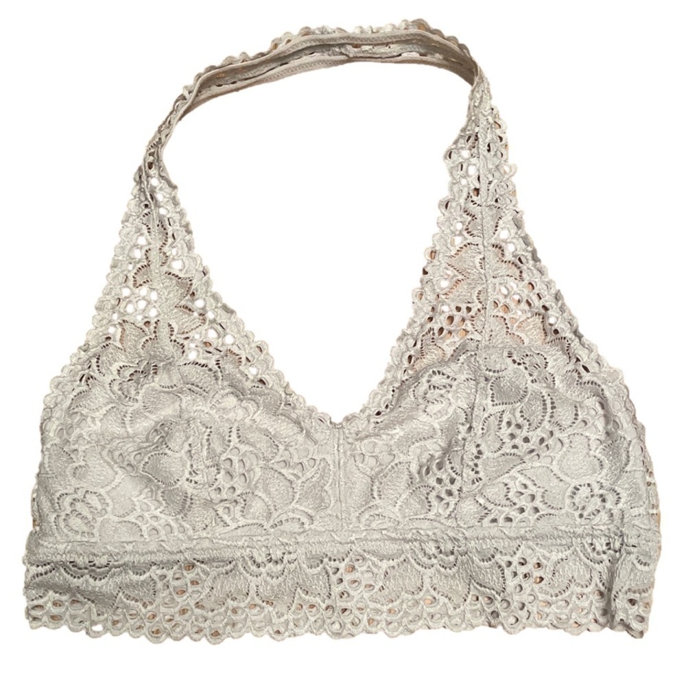 AERIE Bralette Silver Lace Wireless No Padding Halter Size L